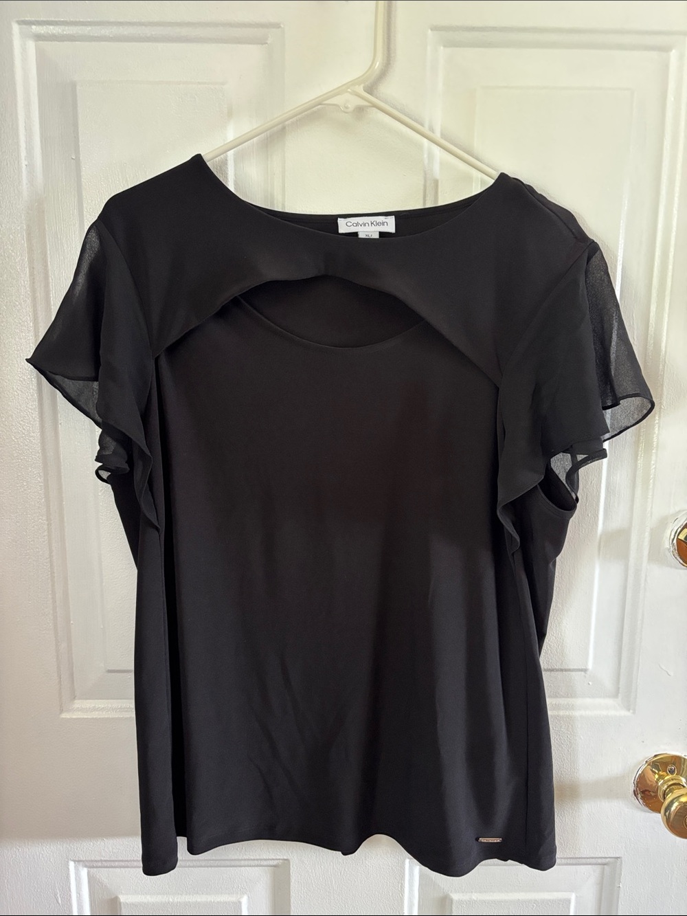 Calvin Klein Black Ruffle-Sleeve Scoop Neck Blouse